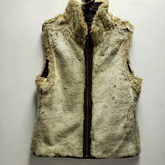 Womens GAP Faux Fur reversible vest size small brown/grey - Picture 2 of 9